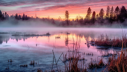 A misty lake reflecting the colors of an early sunrise.