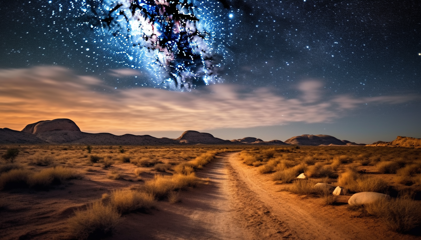 A striking desert landscape under a starlit night sky.