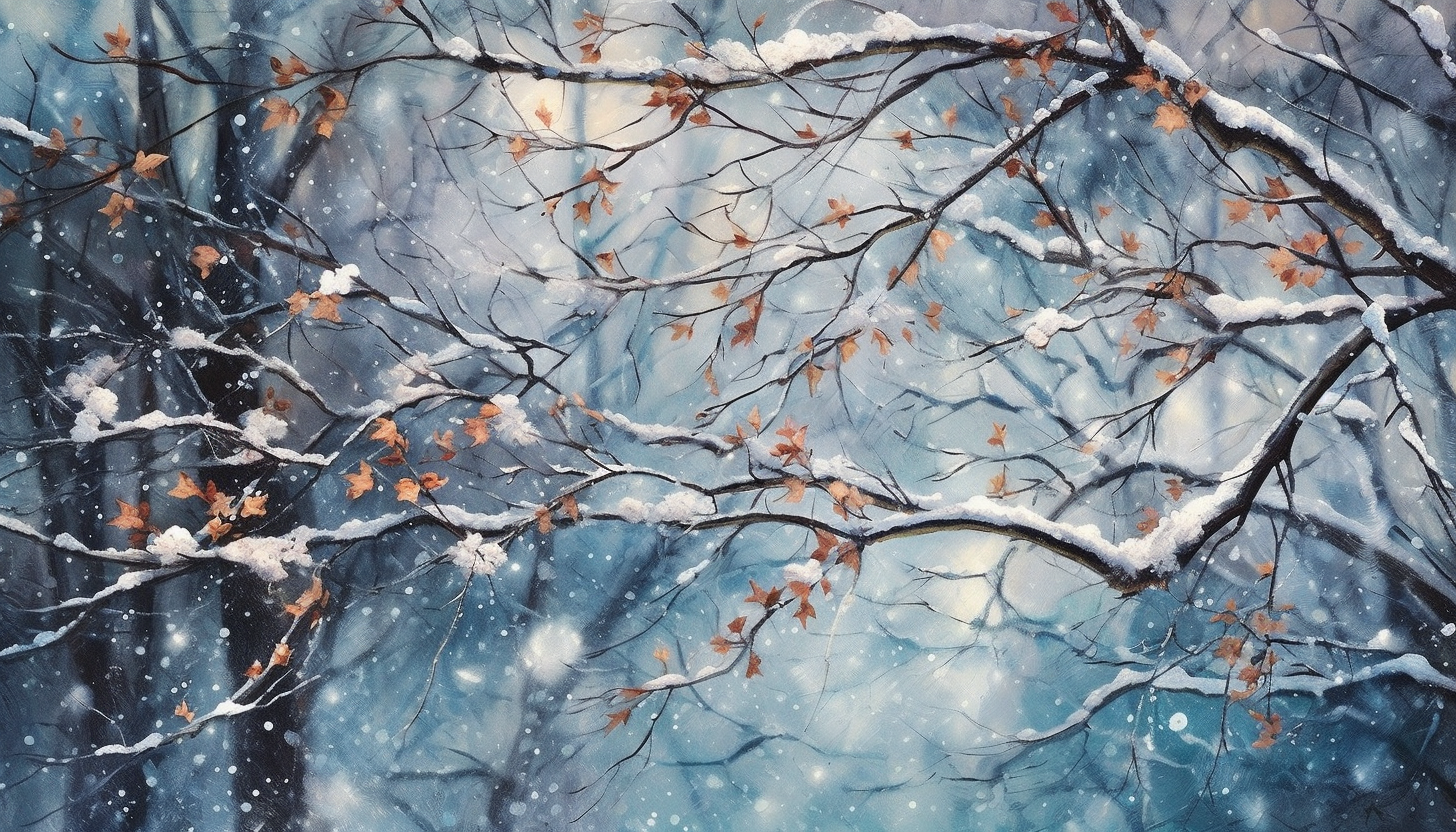 Snowflakes delicately perched on a branch, transforming the forest into a winter wonderland.