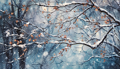 Snowflakes delicately perched on a branch, transforming the forest into a winter wonderland.