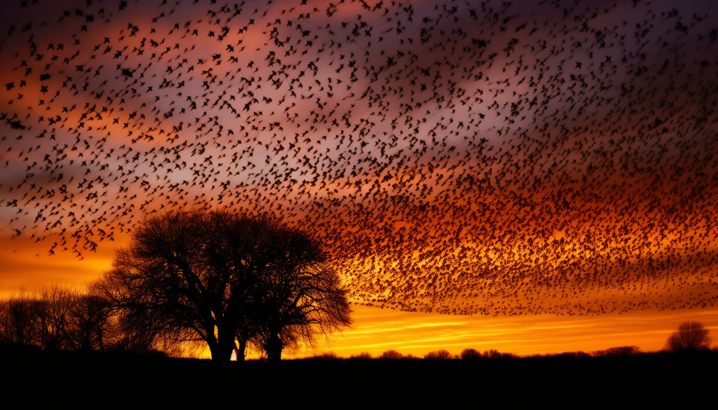 A murmuration of starlings creating patterns in the evening sky.