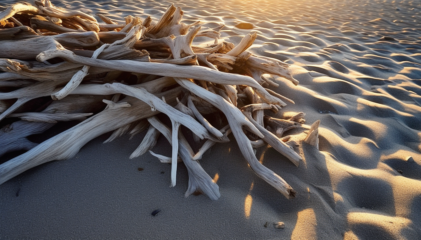 Sun-bleached driftwood scattered on a sandy beach.