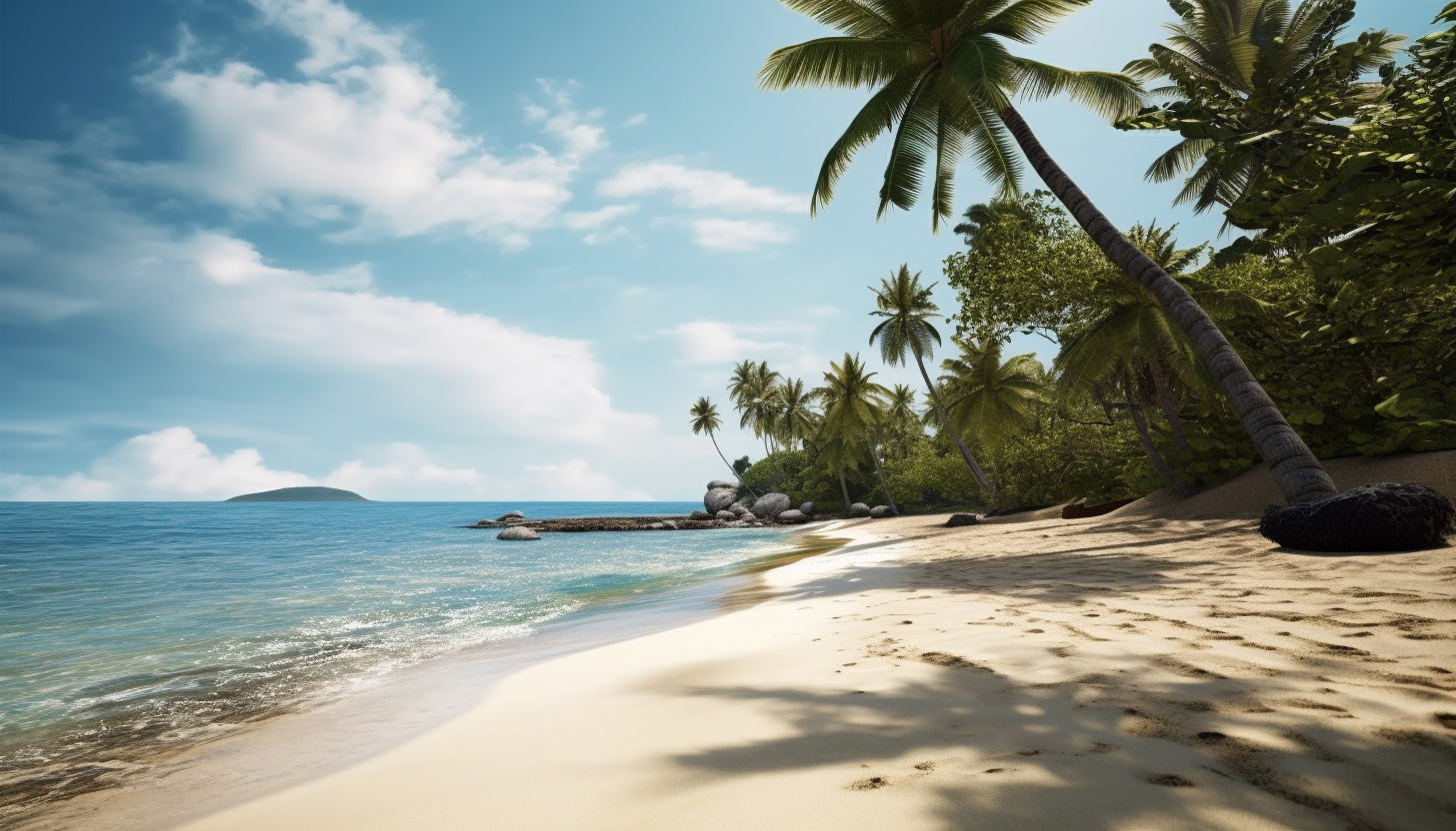 A secluded beach with pristine white sand and gently swaying palm trees.