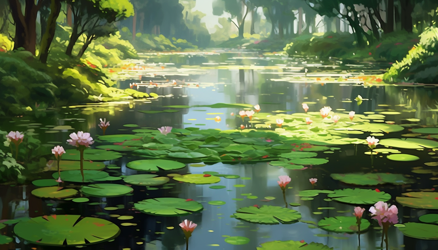 A tranquil pond dotted with lily pads and blossoms.