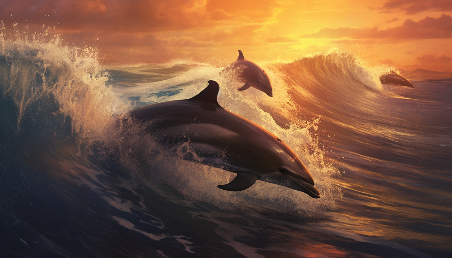 A group of playful dolphins jumping out of the ocean waves.