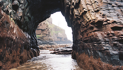 A view through a natural archway carved into a rocky cliff.