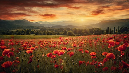 A field of poppies swaying in a gentle breeze.