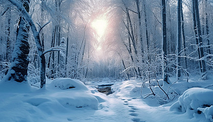 A forest blanketed in pristine, untouched snow.