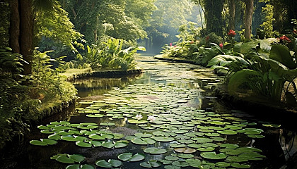 A tranquil pond filled with water lilies in a secluded garden.