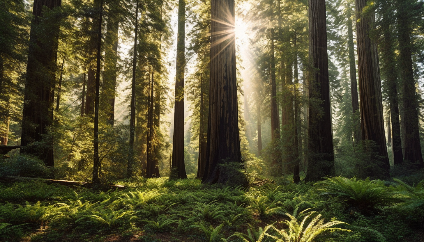 Majestic redwood trees towering in a sun-dappled forest.