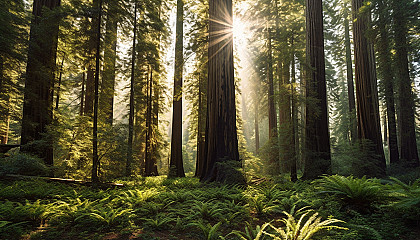 Majestic redwood trees towering in a sun-dappled forest.