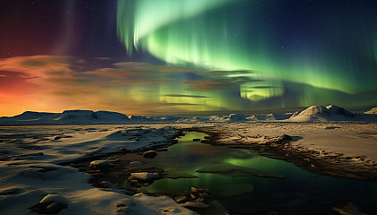 The stark beauty of a barren tundra under the Northern lights.