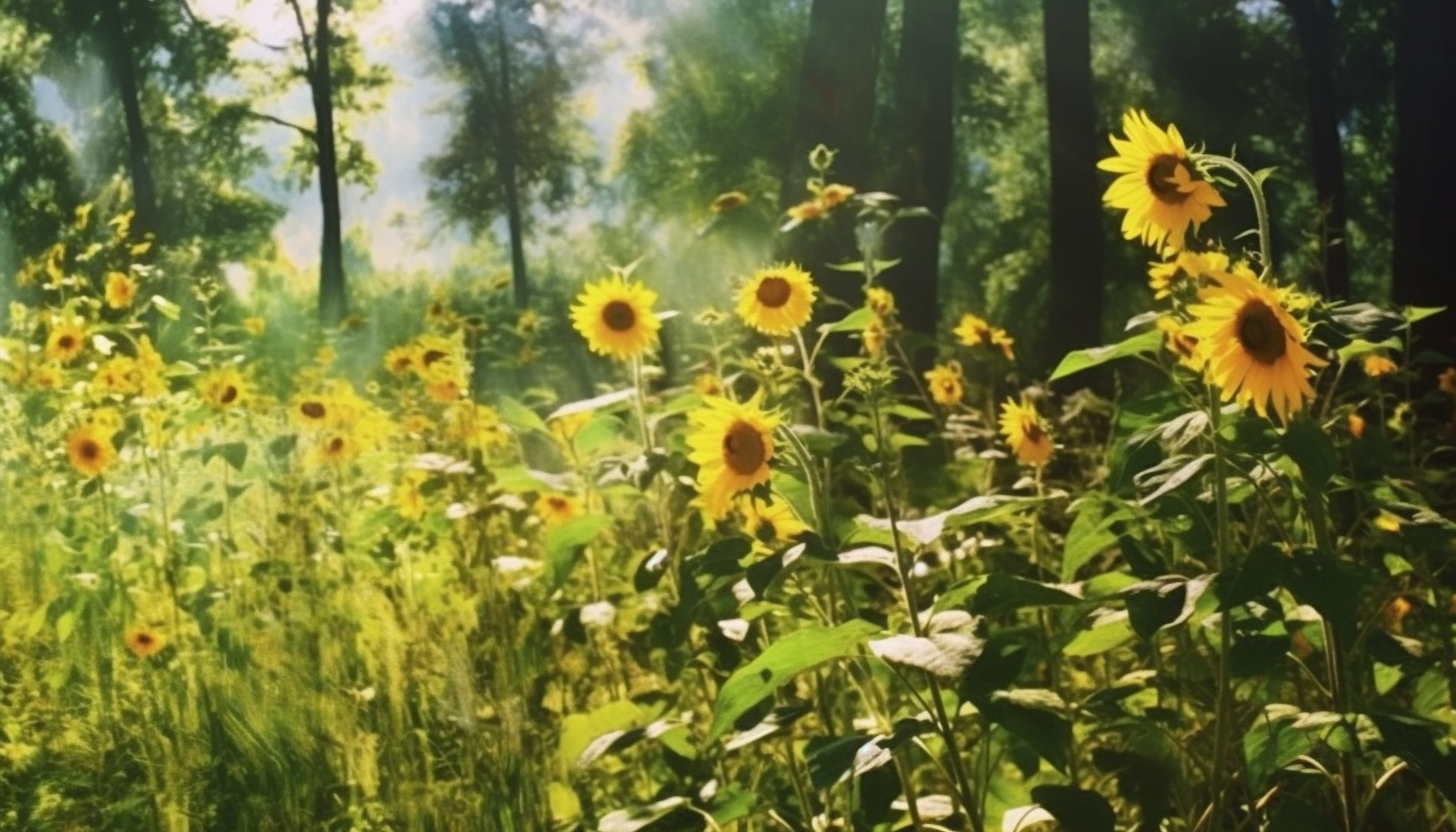 Sun-dappled meadows filled with bright, cheery sunflowers.