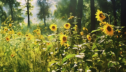 Sun-dappled meadows filled with bright, cheery sunflowers.