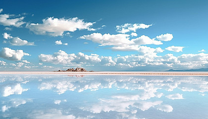 Breathtaking view of an expansive salt flat mirroring the sky.