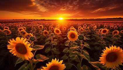 A vast field of sunflowers turning towards the sun.