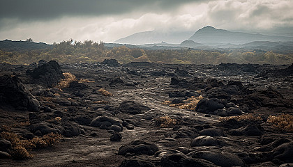 Volcanic landscapes featuring lava flows, ash clouds, and unique rock formations.