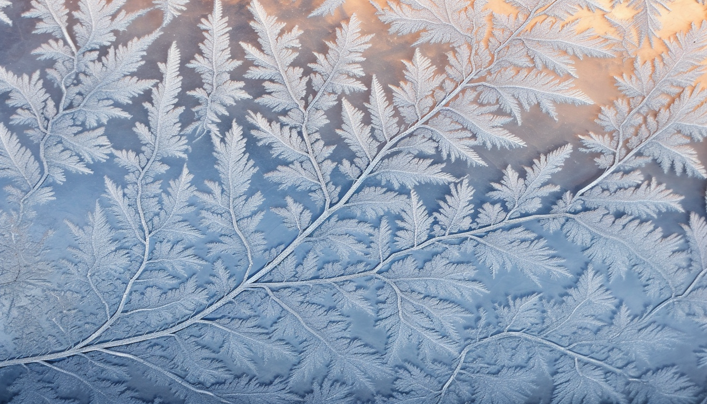 Delicate frost patterns on a window during a chilly morning.