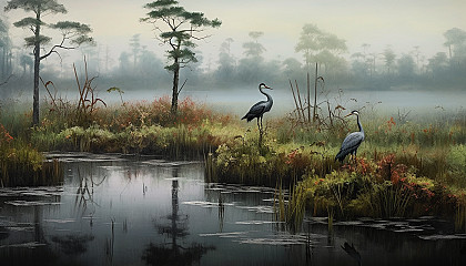 Misty marshlands teeming with unique plant and bird life.