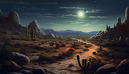 A desert scene under the moonlight, with cacti casting long shadows.