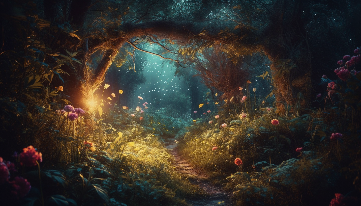 Mystical woods with glowing plants and whimsical flora.