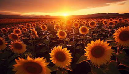 Sunflowers turning towards the sunlight in a vast field.