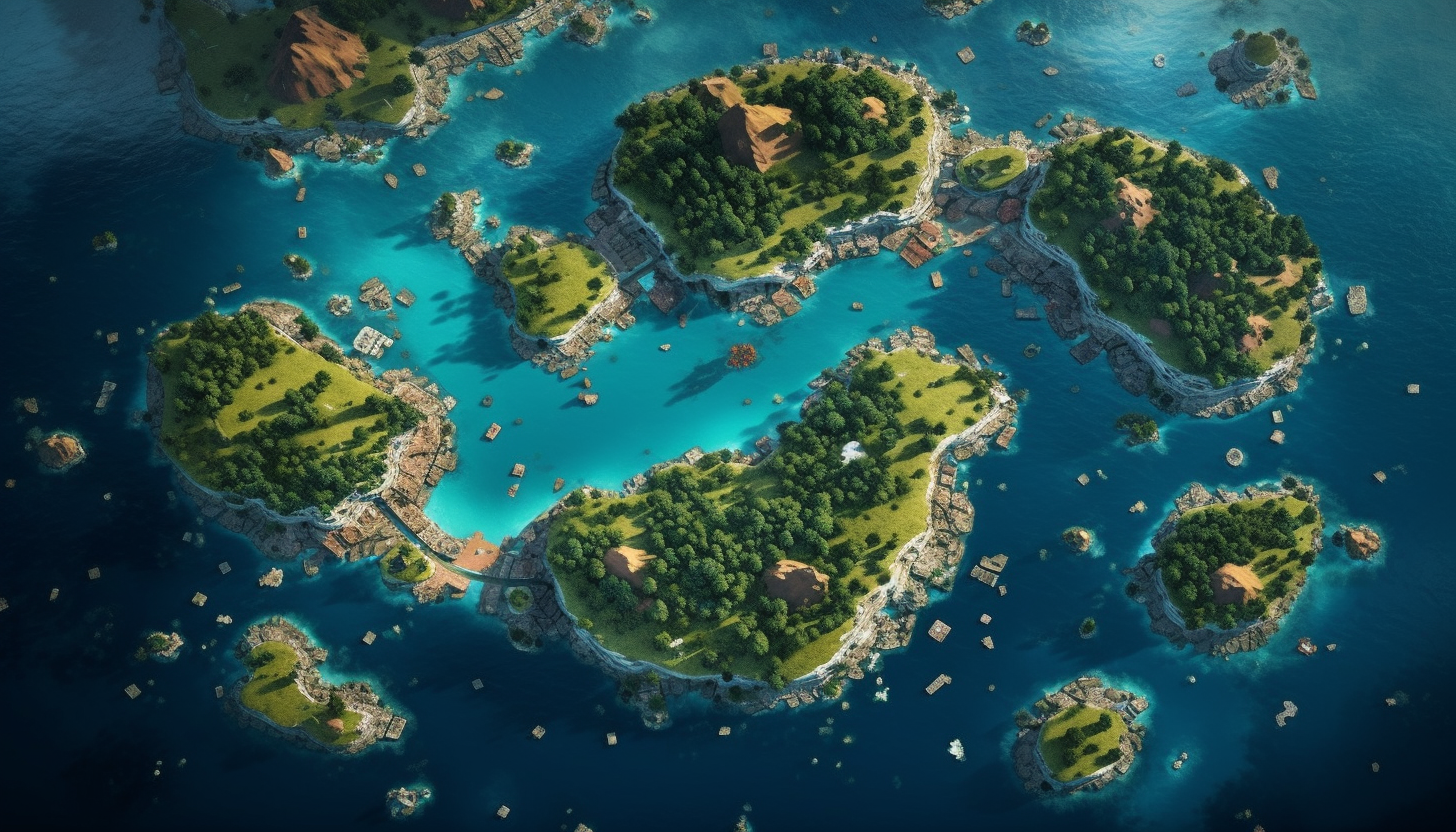 An archipelago of small islands seen from a bird's eye view.