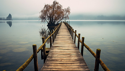 An old wooden jetty extending into a serene lake.