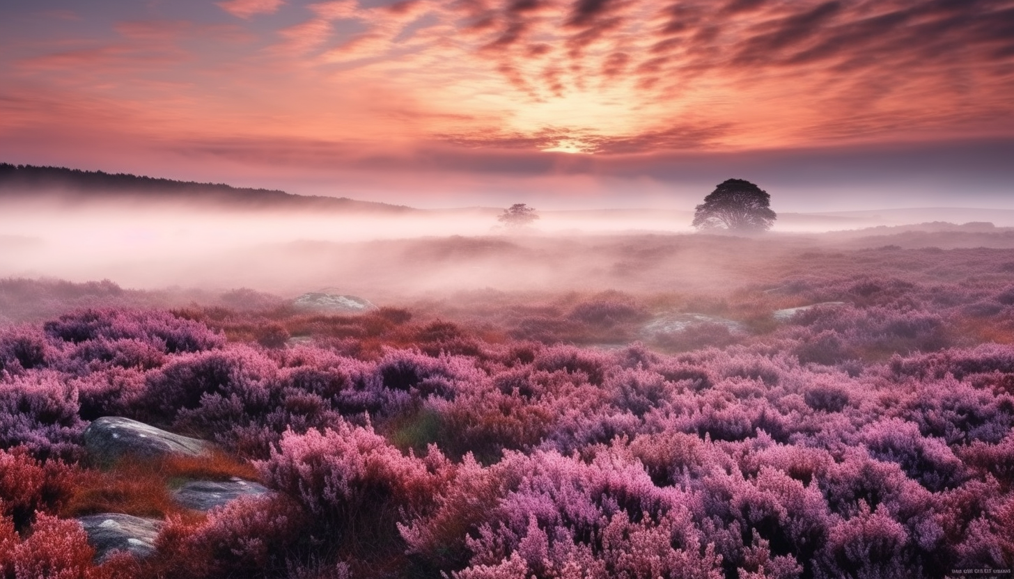 A misty moor with heather in bloom, stretching to the horizon.