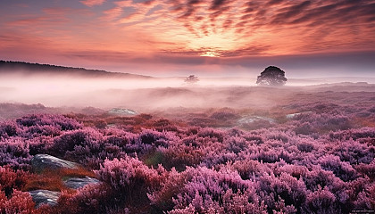 A misty moor with heather in bloom, stretching to the horizon.