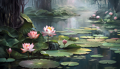 Blooming lotus flowers on a tranquil pond.