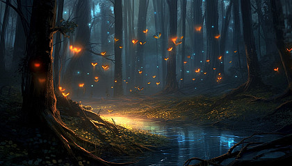 Fireflies illuminating a dark forest at dusk.