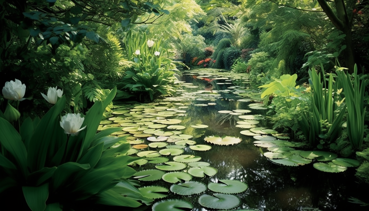 A tranquil pond filled with water lilies in a secluded garden.