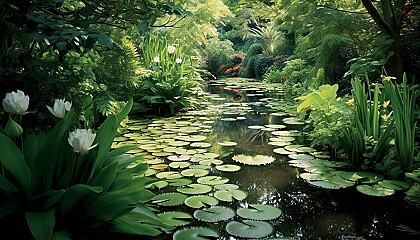 A tranquil pond filled with water lilies in a secluded garden.