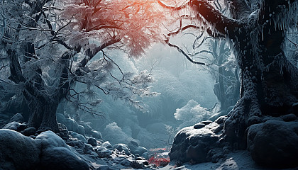 Frost-covered landscapes, with delicate ice crystals adorning branches and leaves.