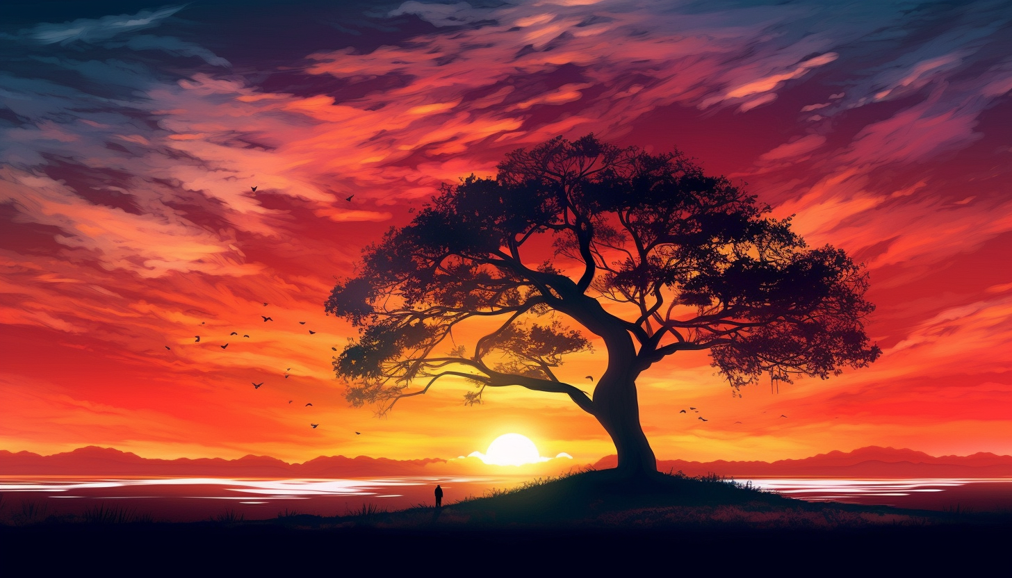 Silhouette of a tree against a vibrant sunset.