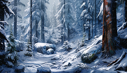 Fresh snowfall covering a quiet alpine forest.