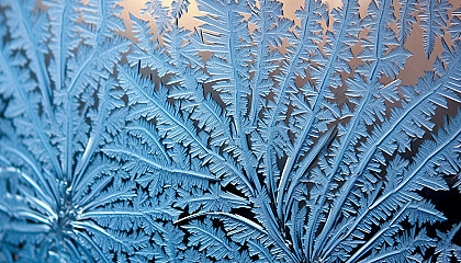 Frost patterns on a window on a cold winter morning.