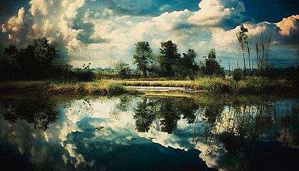 Reflections of clouds moving on the surface of a serene pond.