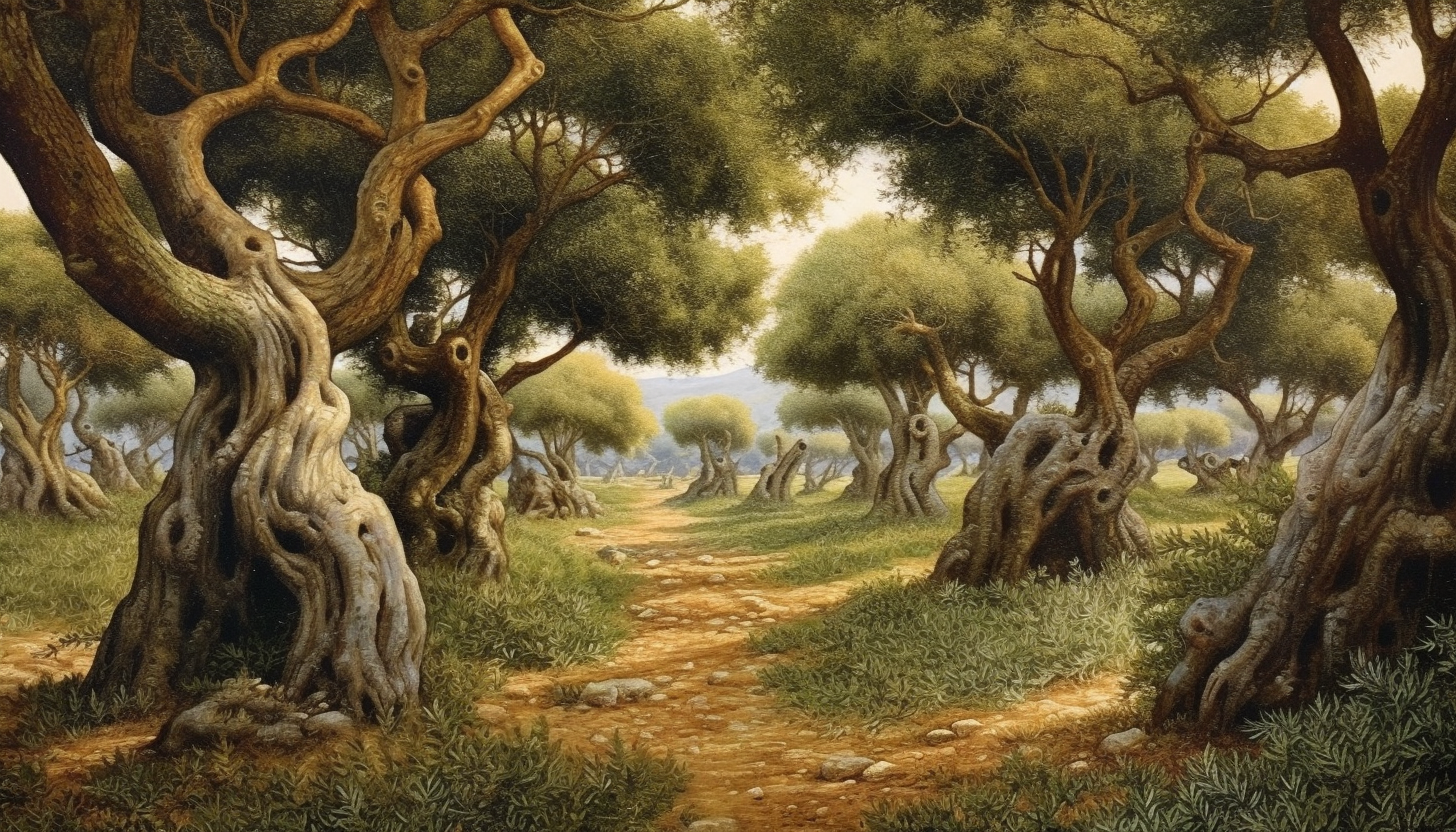 A grove of twisted olive trees in a Mediterranean landscape.