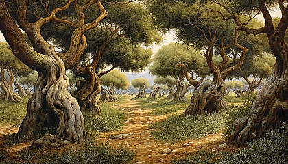 A grove of twisted olive trees in a Mediterranean landscape.