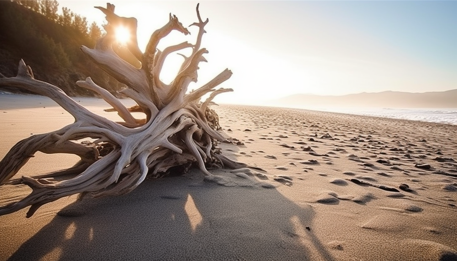 Sun-bleached driftwood strewn across a sandy beach.