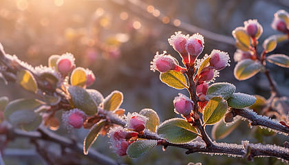 Fresh spring buds blooming on a frosty morning.