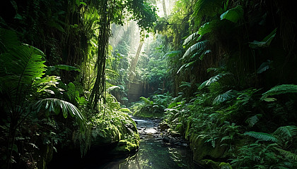 Lush fern grottos in a tropical rainforest.