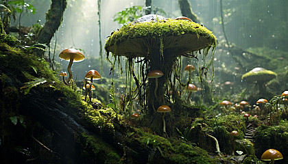 Exotic fungi and moss thriving in a damp forest.