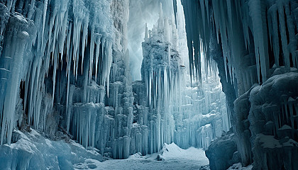 Icy stalactites hanging from the roof of a cave.