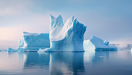 Icebergs drifting in the cool blue ocean.