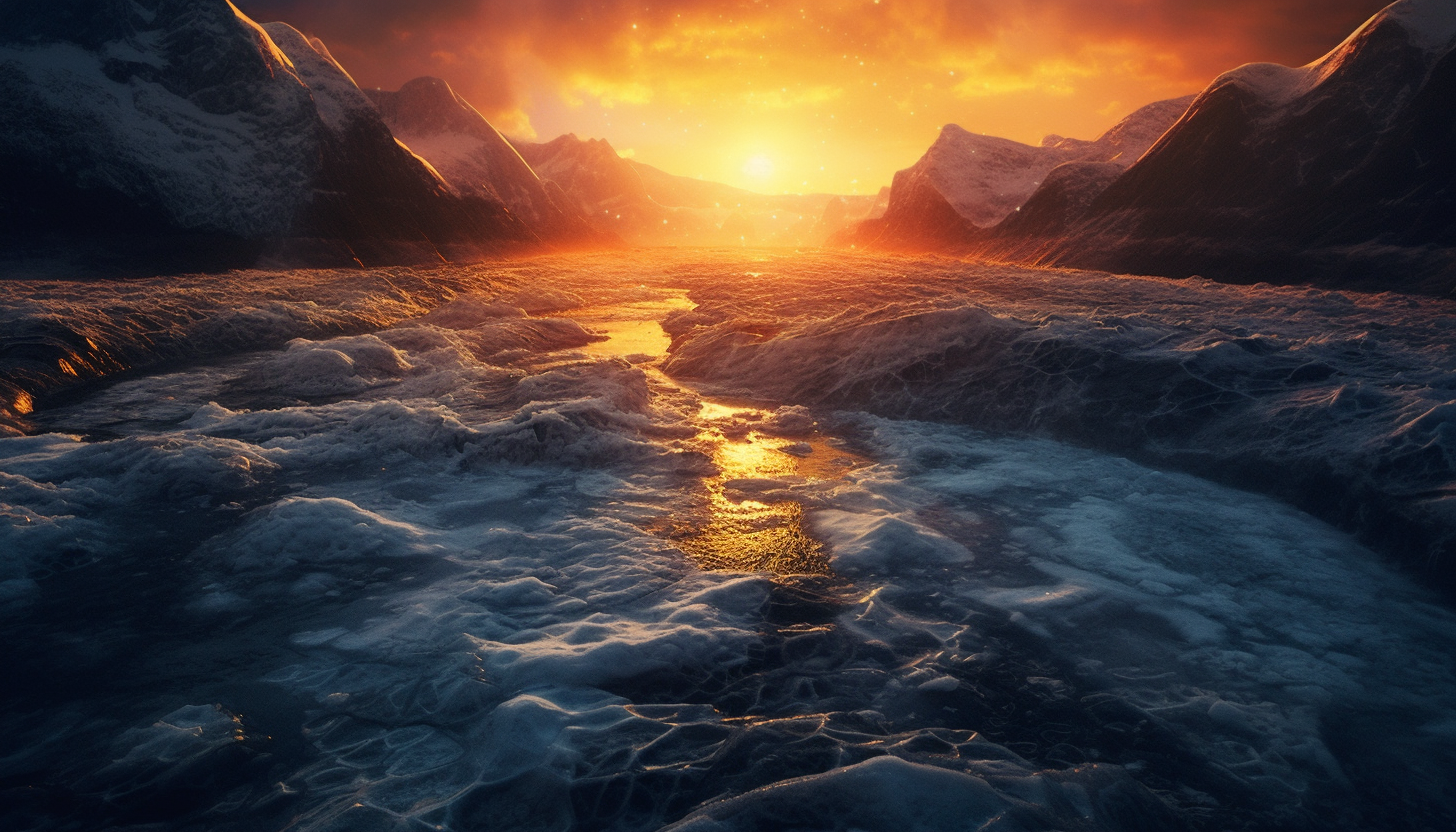 The shimmering surface of a glacier under the midnight sun.