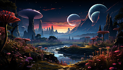 An exoplanet, teeming with alien flora in a vibrant, extraterrestrial landscape.