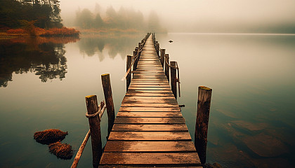 An old wooden jetty extending into a serene lake.